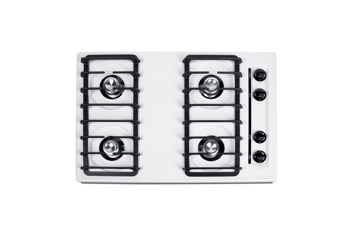 White 30-inch wide gas cooktop featuring four burners with black grates and side-mounted control knobs, ideal for kitchen and appliance collections.