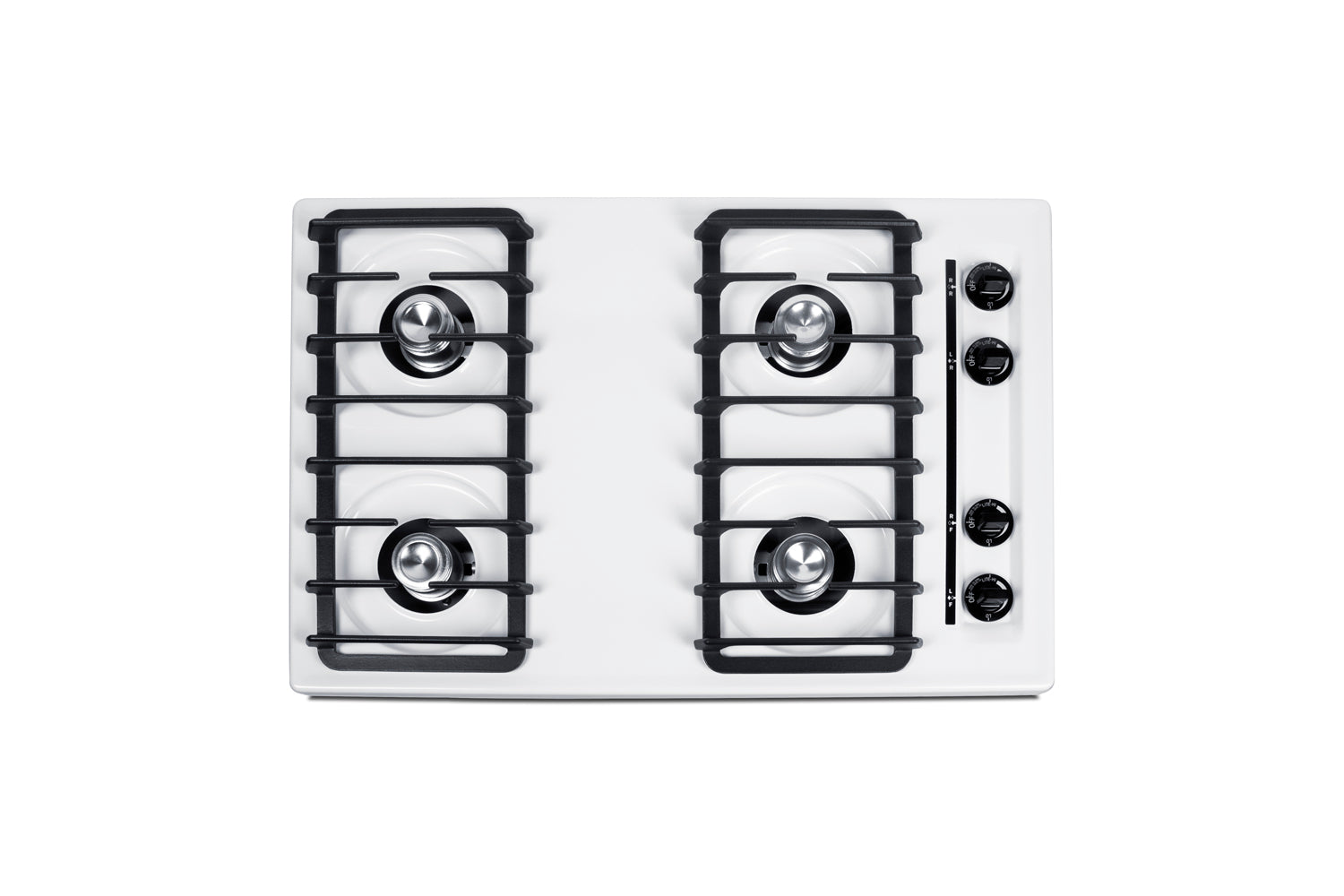 White 30-inch wide gas cooktop featuring four burners with black grates and side-mounted control knobs, ideal for kitchen and appliance collections.
