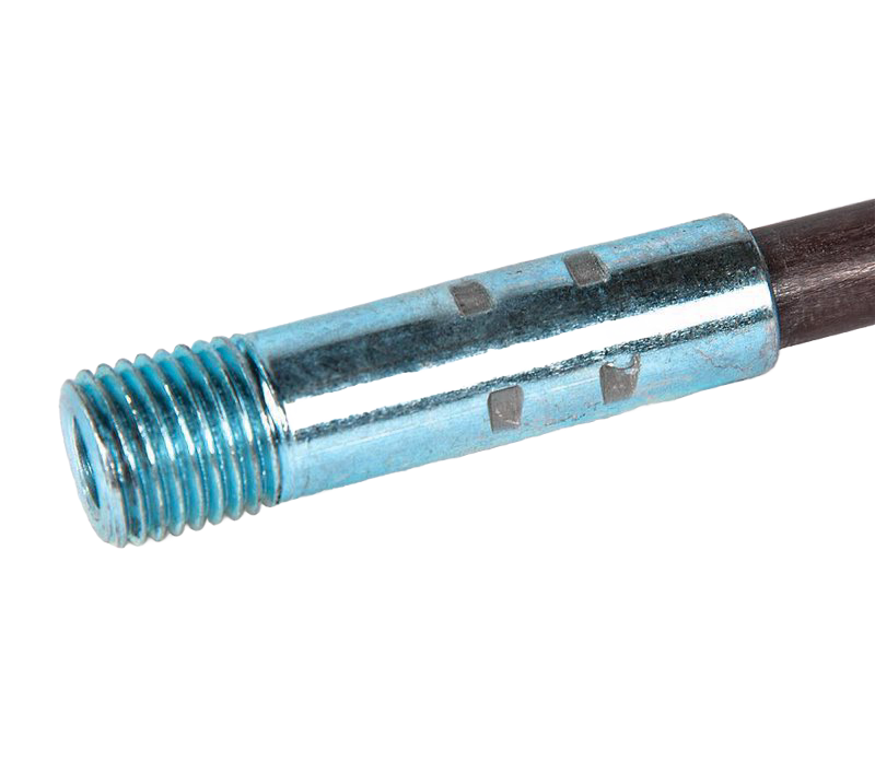 Close-up of threaded metal connector on a dark fiberglass chimney brush extension rod for plumbing and home improvement tools
