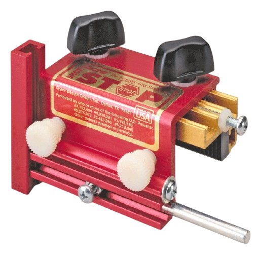 Compact red and gold adjustable woodworking stop with knobs and metal rod, part of hand and measuring tools under $100 collection