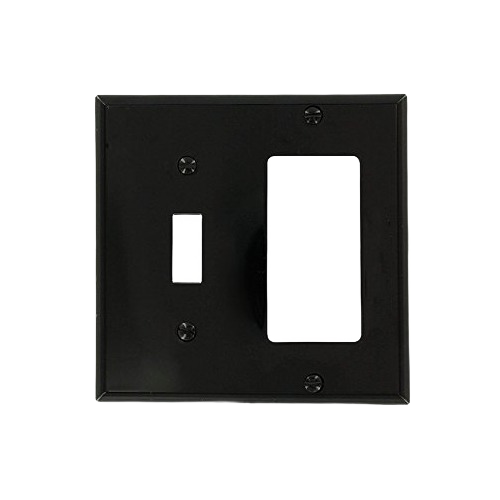 Black combination wallplate with two-gang configuration for toggle switch and wider device opening in home improvement projects