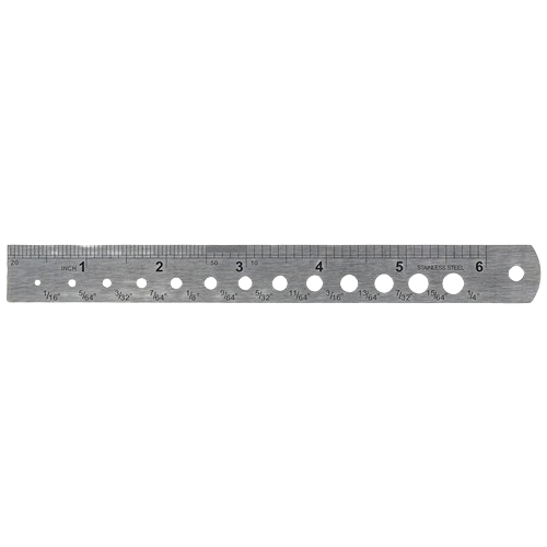 Stainless steel ruler with multiple drill bit gauge holes for measuring and tool accessories in home improvement collections