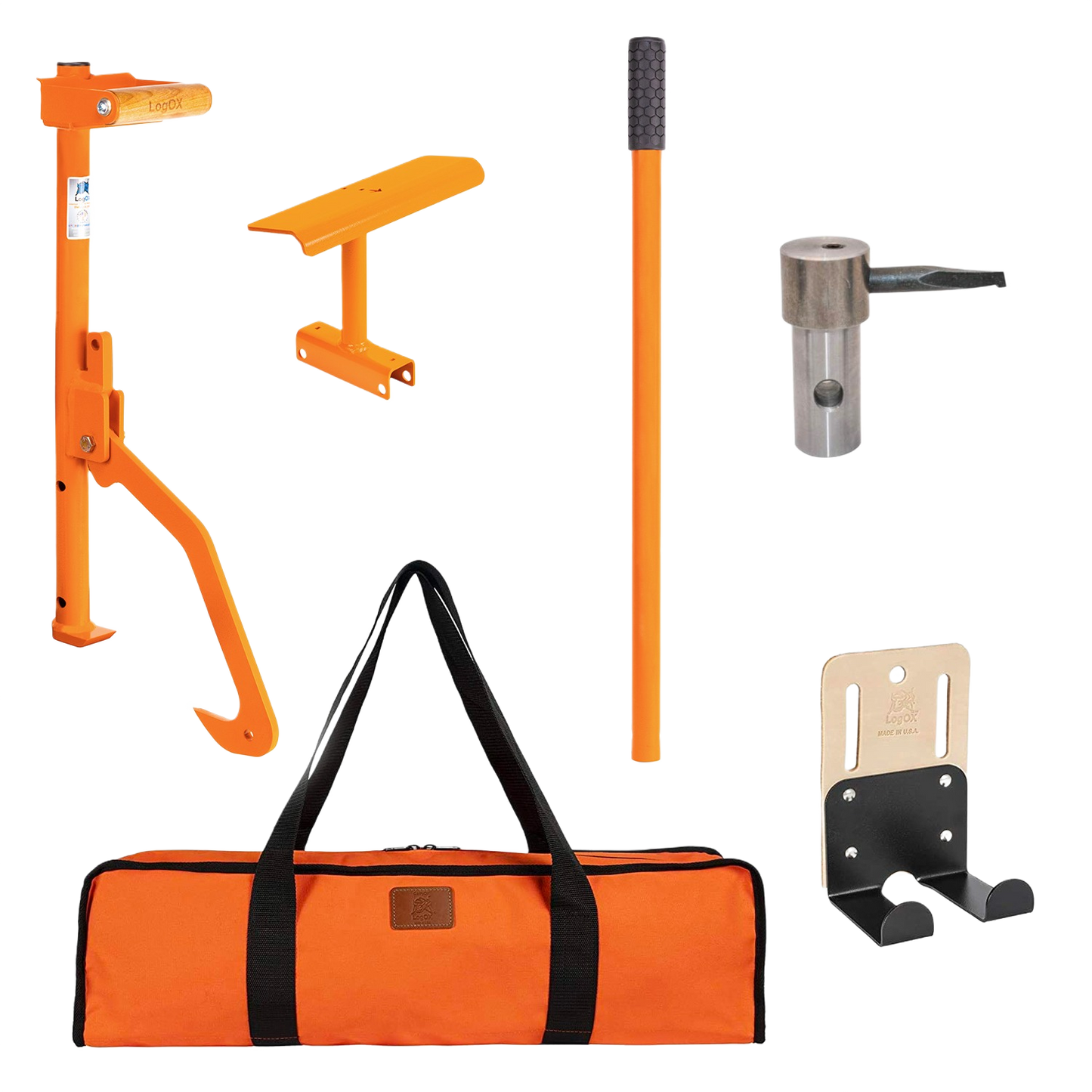 Orange and metal log handling tools with carrying bag designed for home improvement and outdoor use