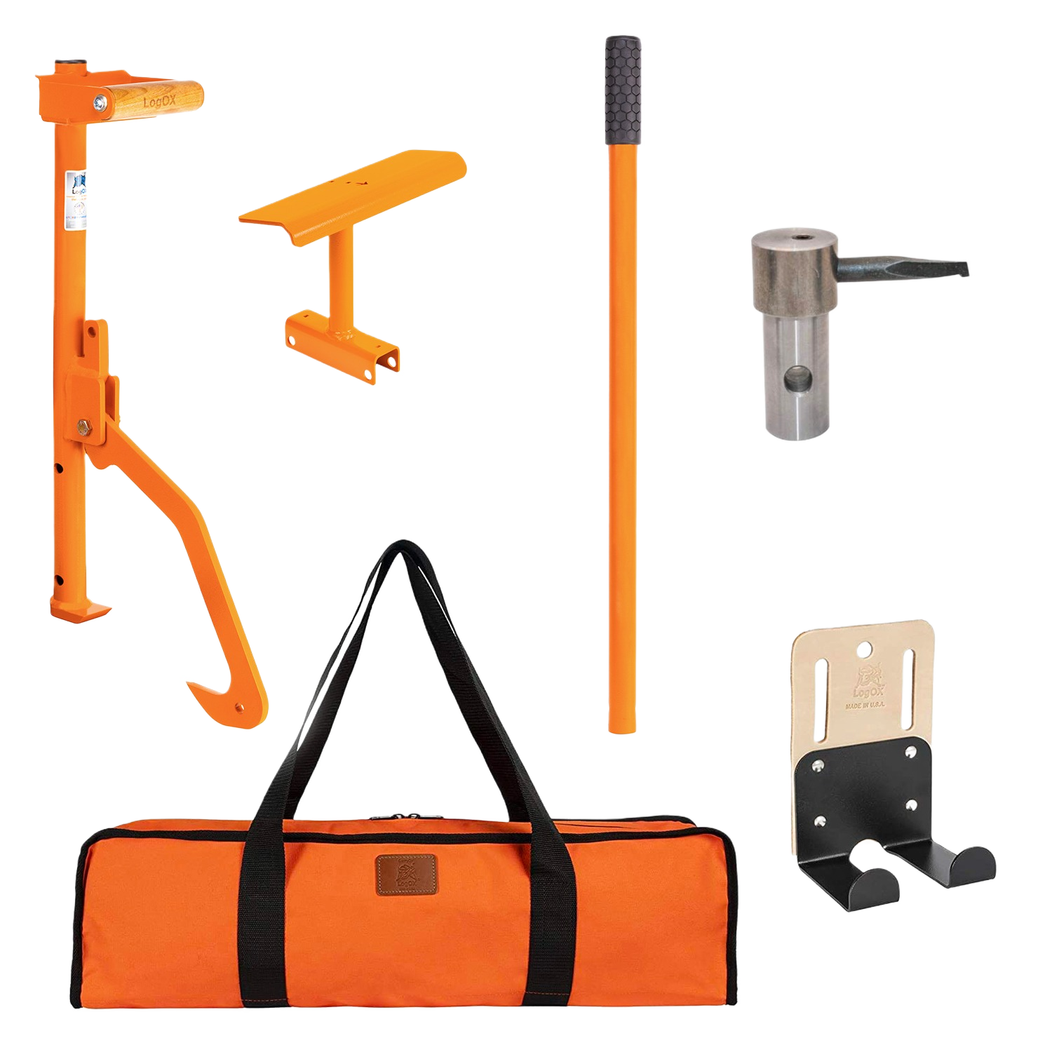 Orange and metal log handling tools with carrying bag designed for home improvement and outdoor use