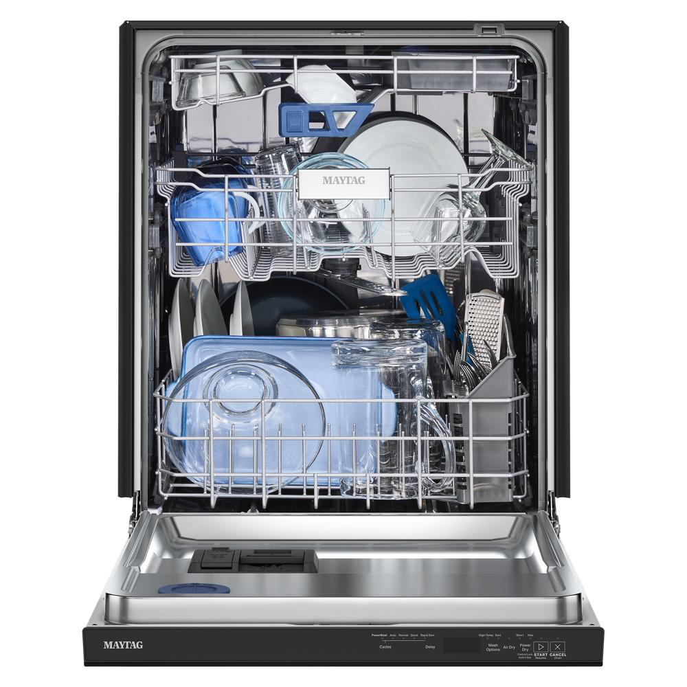 Open black front control dishwasher filled with dishes and kitchenware in appliances category