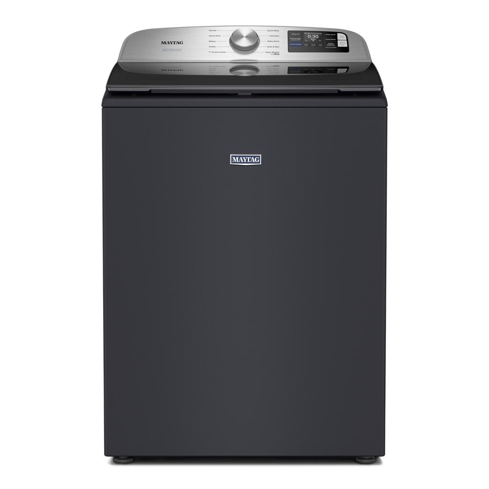 Top load washer in dark gray with stainless steel control panel and digital display in washers and appliances collection