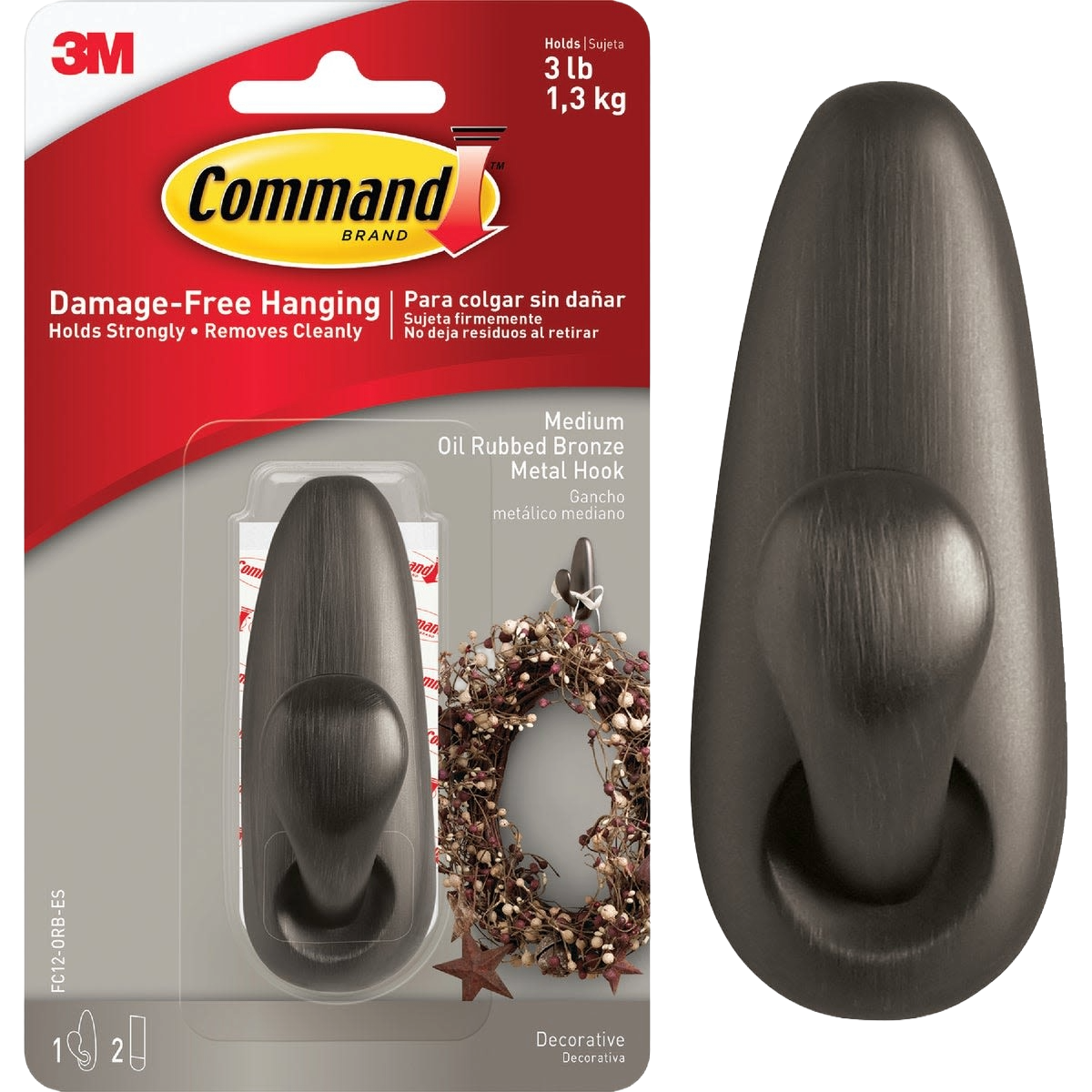 Medium oil rubbed bronze metal adhesive hook in original Command damage-free hanging packaging for hardware and home improvement