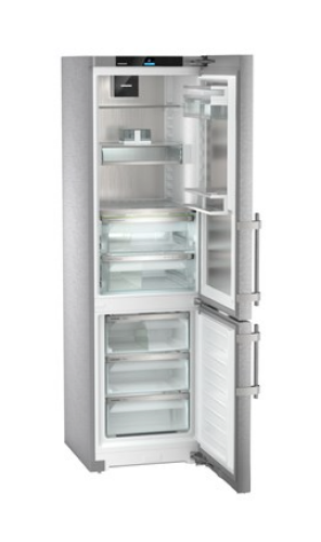 Open freestanding stainless steel bottom freezer refrigerator with clear adjustable shelves in Refrigerators and Appliances collections