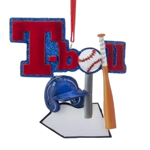 Personalized Christmas ornament with red and blue T-ball letters, baseball bat, ball, helmet, and white base for tree decor