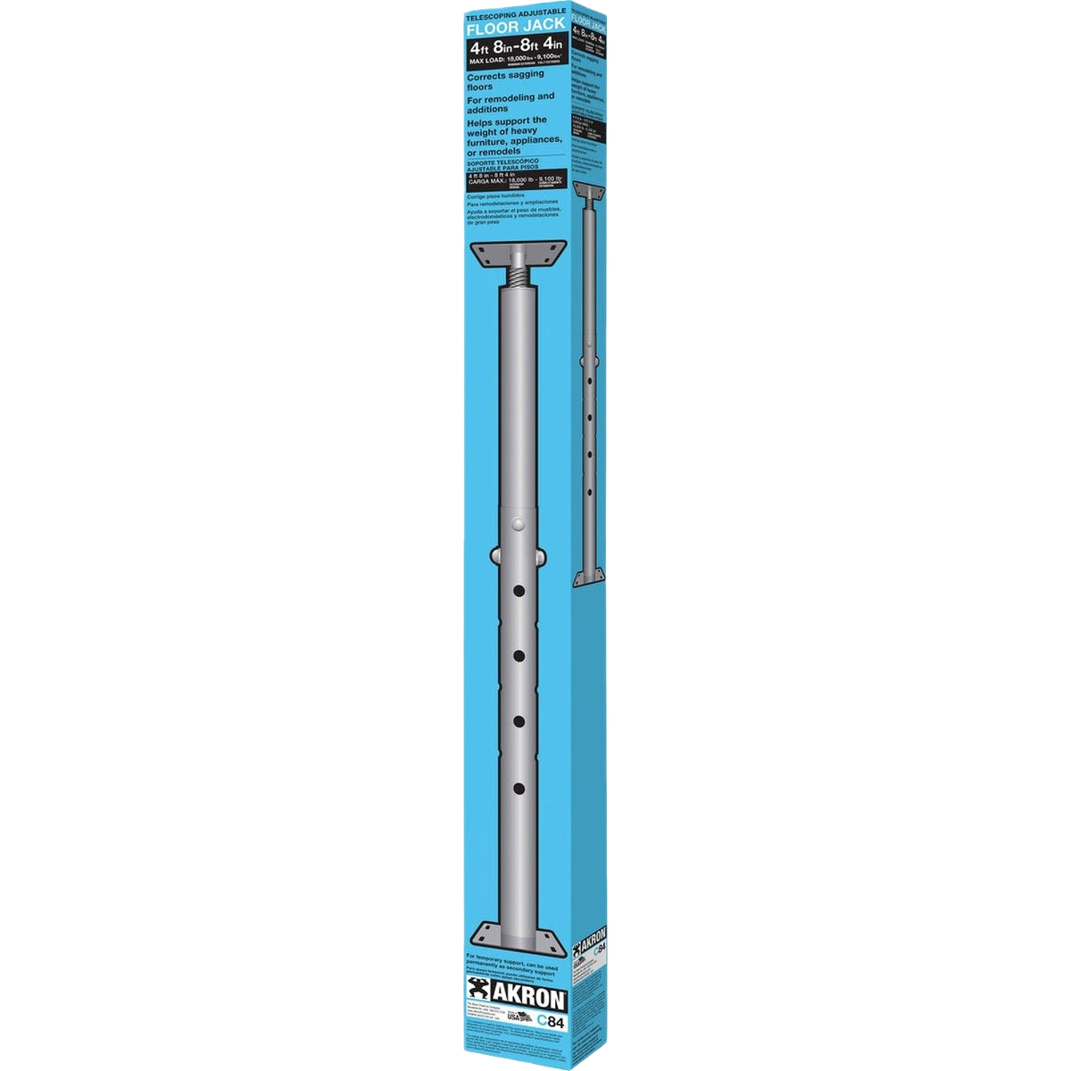 Adjustable steel floor jack with multiple height settings for temporary support in home improvement and hardware projects