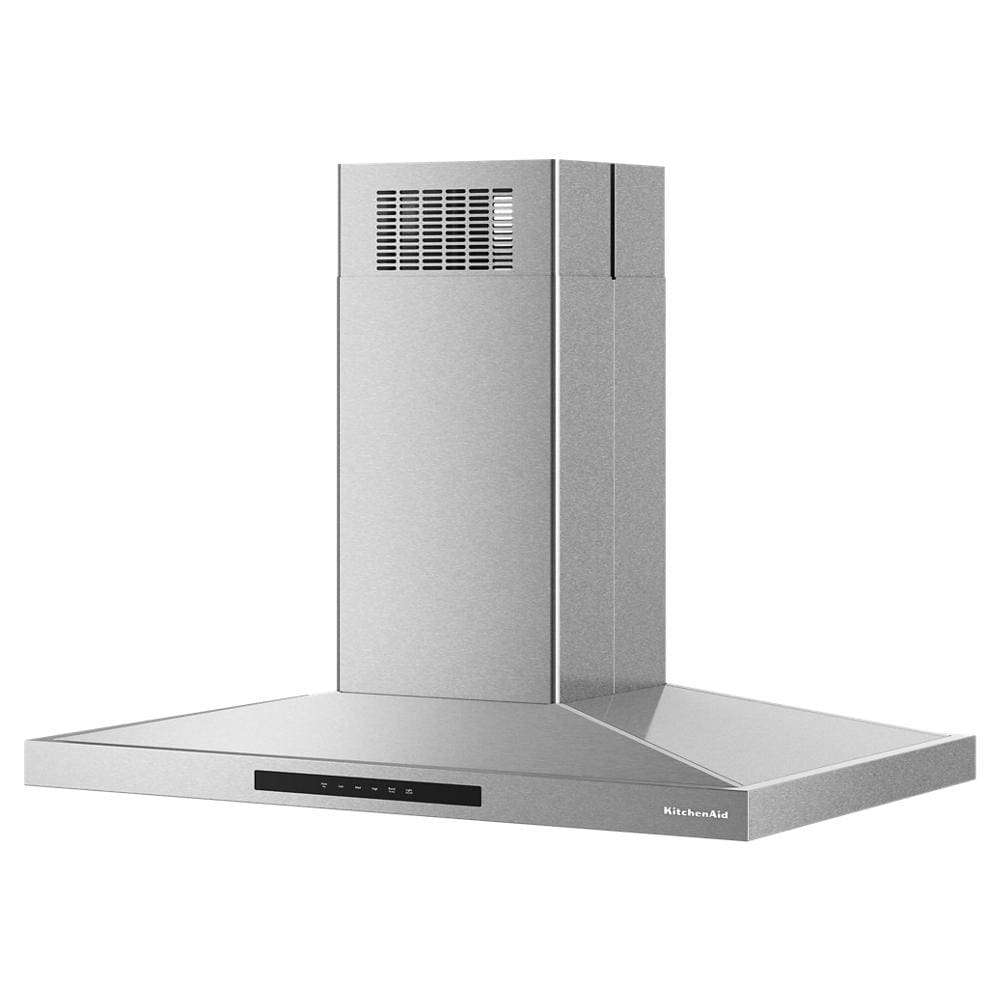 Stainless steel island-mount range hood with three-speed controls and sensor fan for kitchen ventilation appliances collection