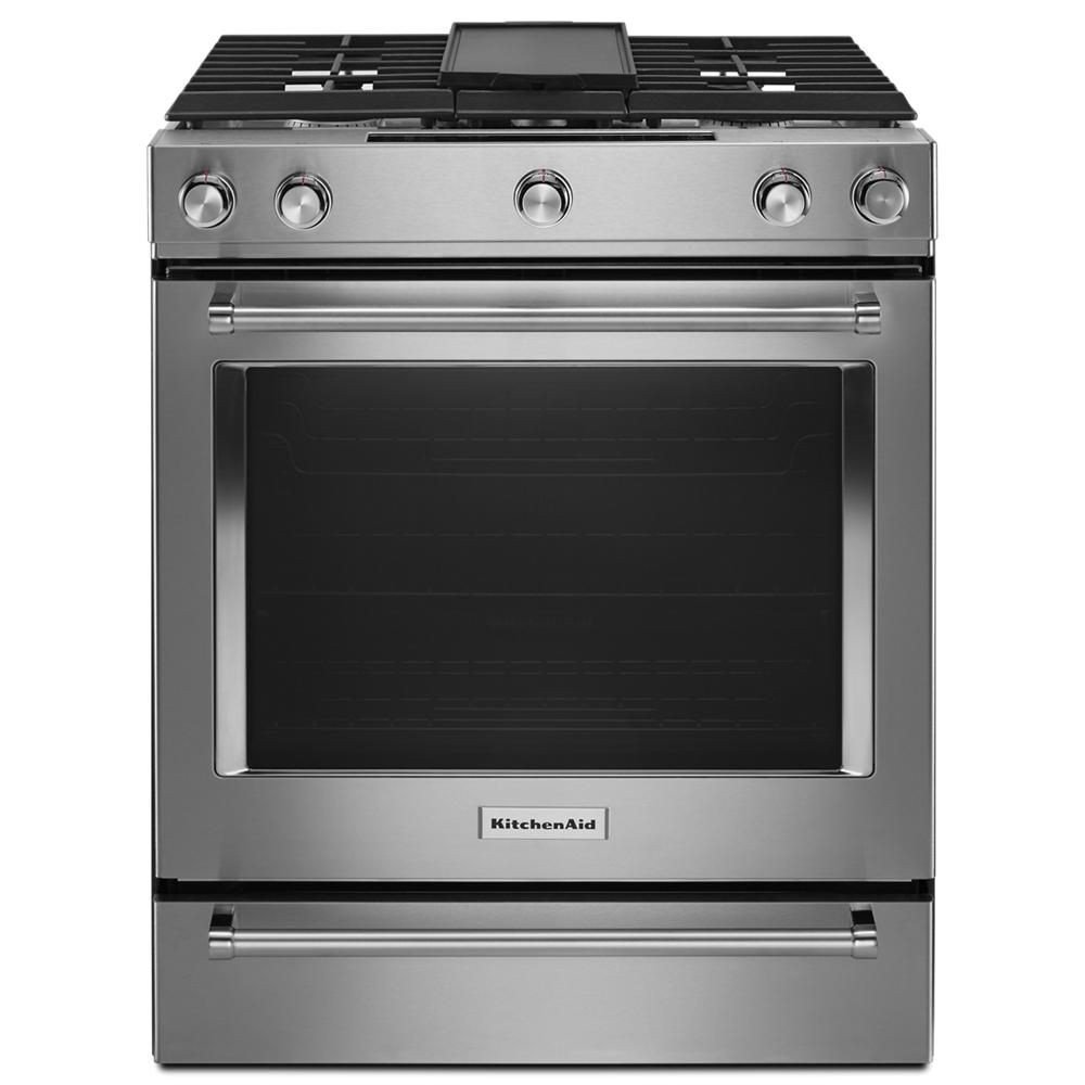 30-inch stainless steel five-burner dual fuel range with convection oven and baking drawer in KitchenAid appliances collection