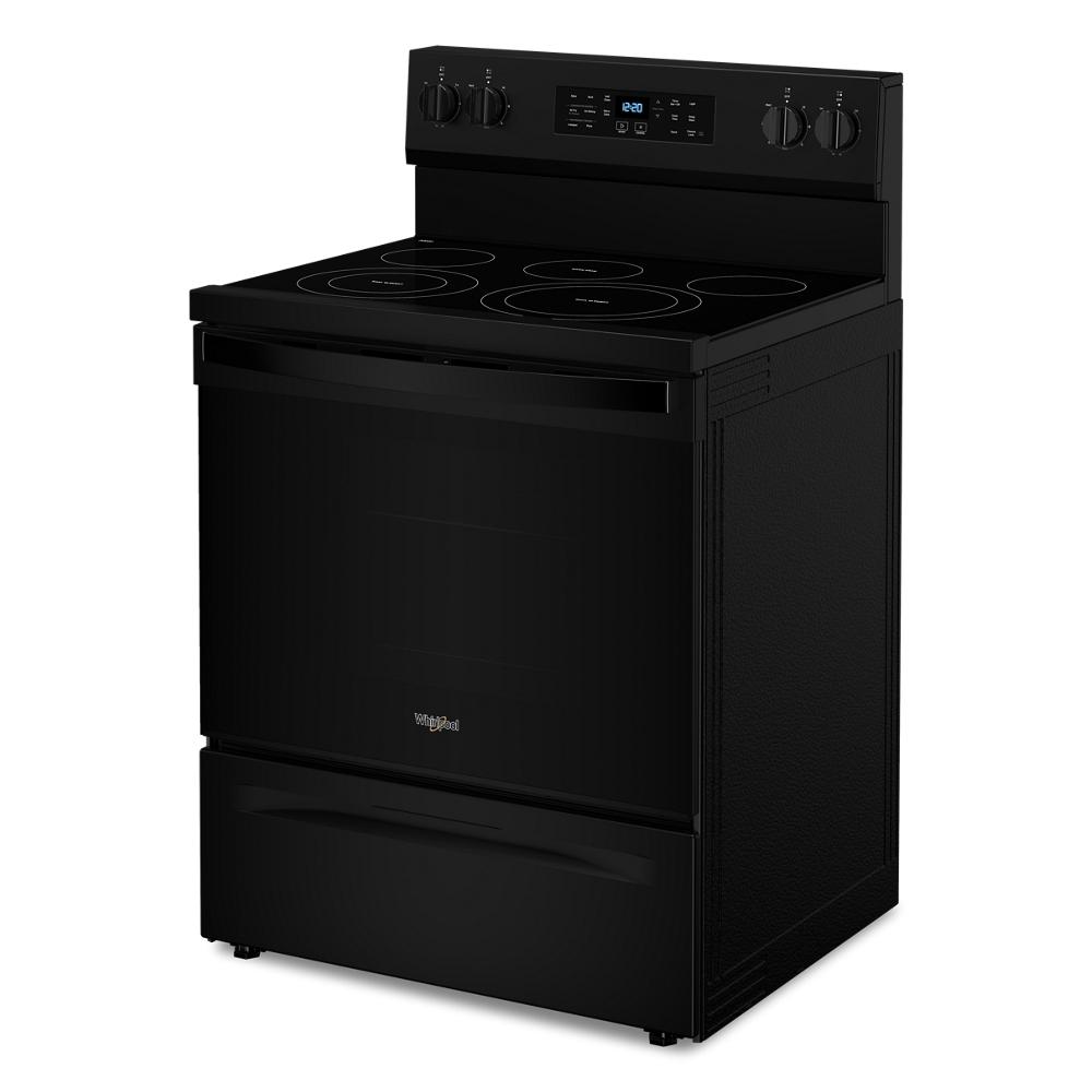Black 30-inch electric range with smooth cooktop, digital display, and lower storage drawer from Ranges & Kitchenware collection