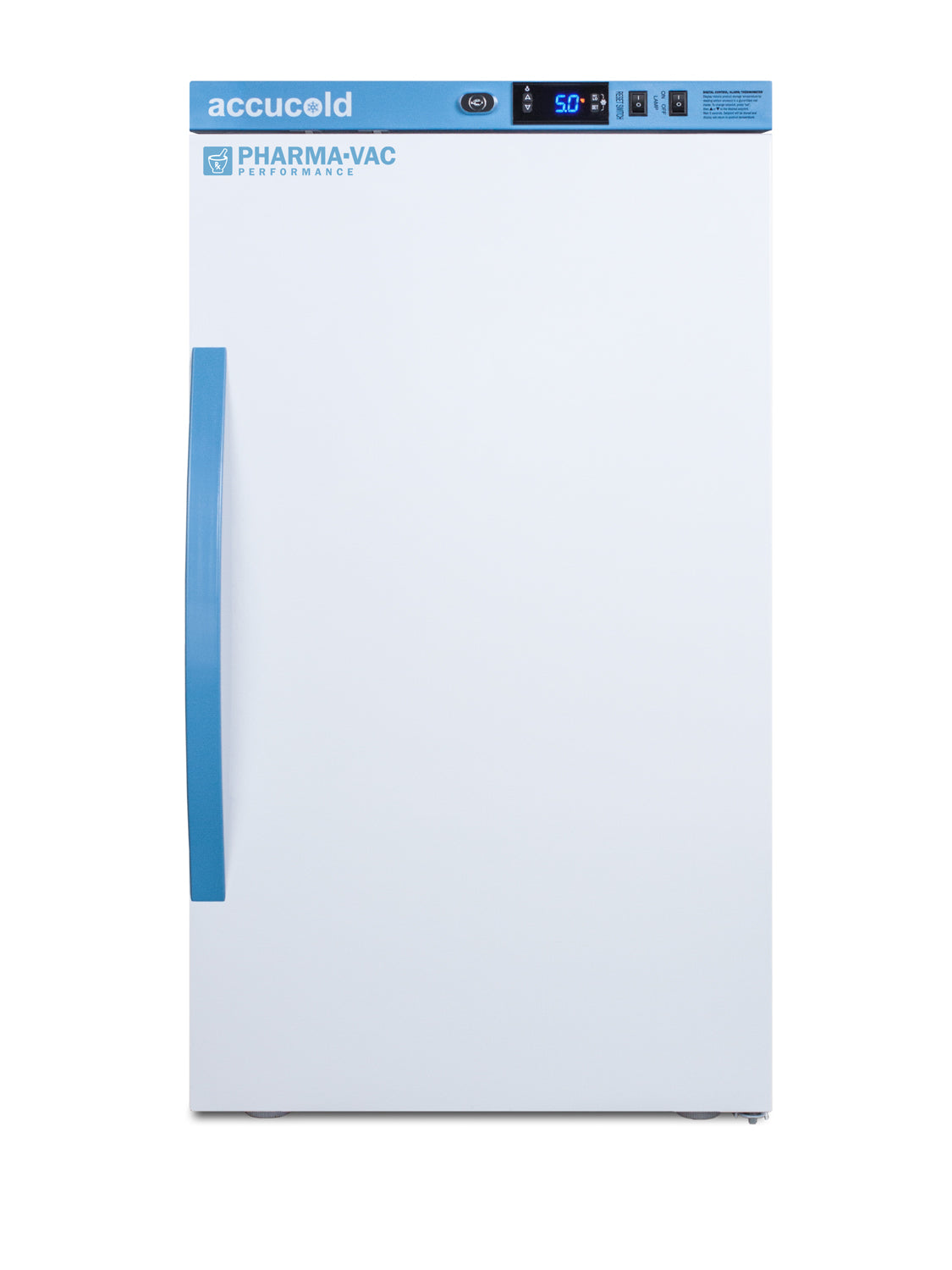 White upright vaccine refrigerator with blue handle and digital temperature controls in appliances collection