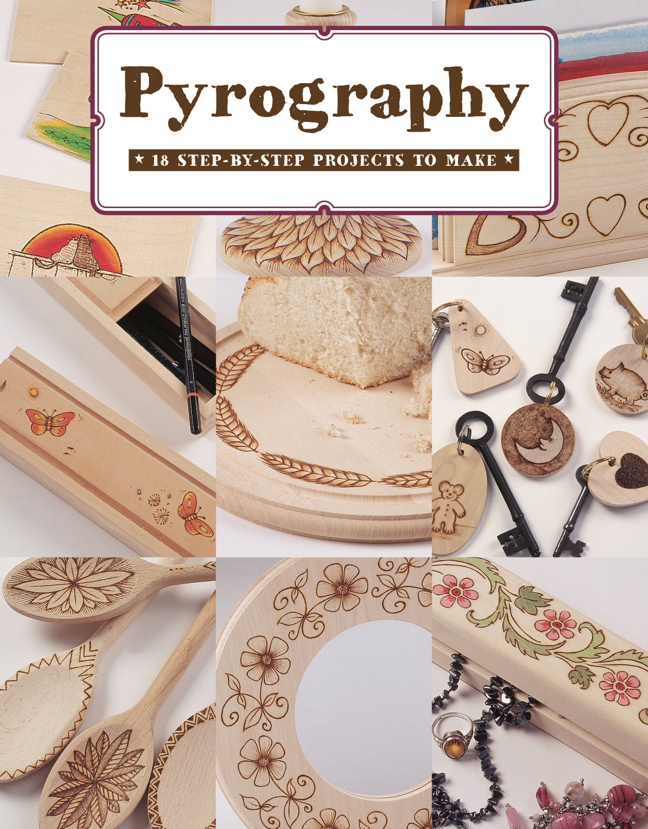 Wooden items featuring detailed pyrography designs including spoons, keychains, and decorative plaques for home improvement projects