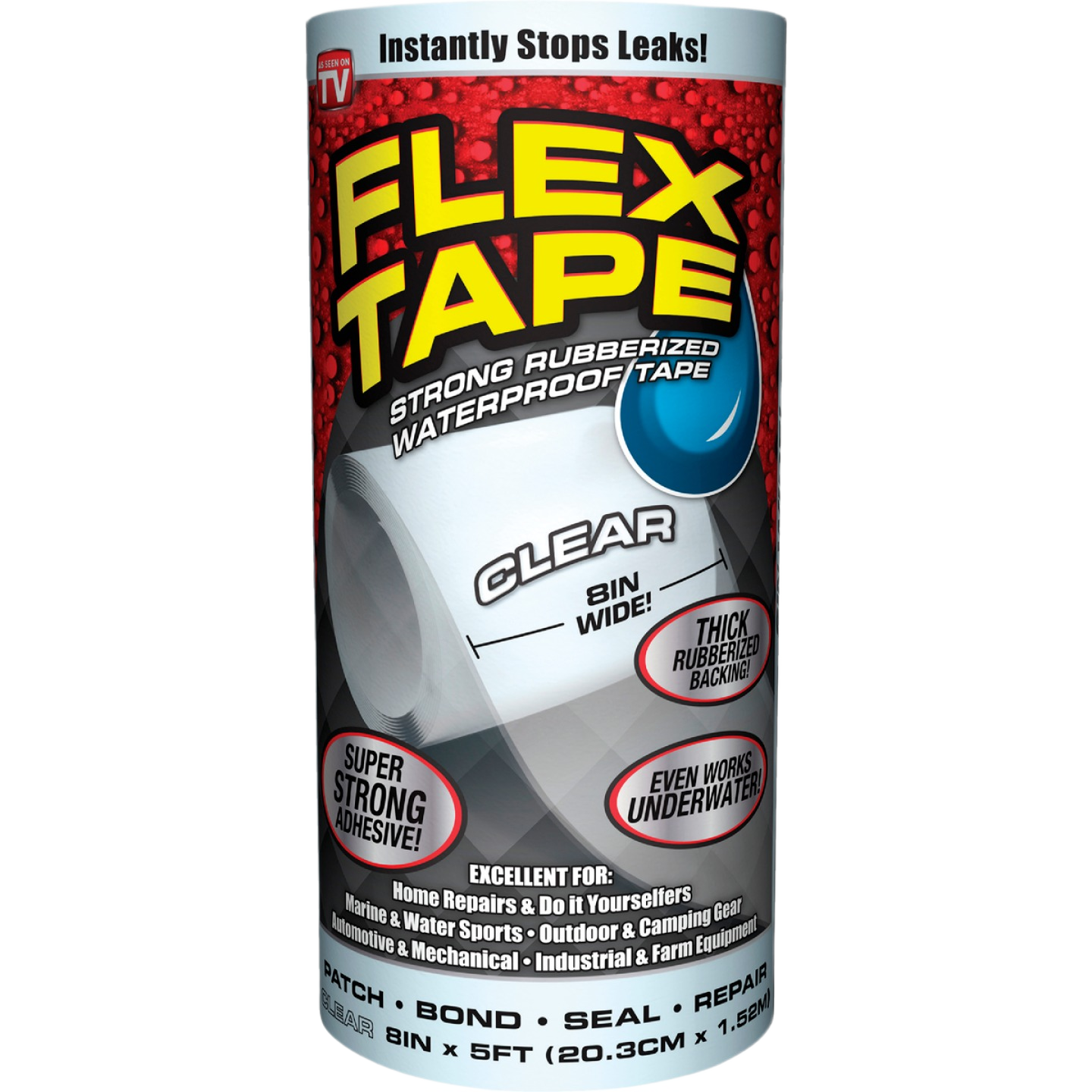 Cylinder packaging of clear flexible tape with thick rubberized backing for waterproof home repair and sealing tasks