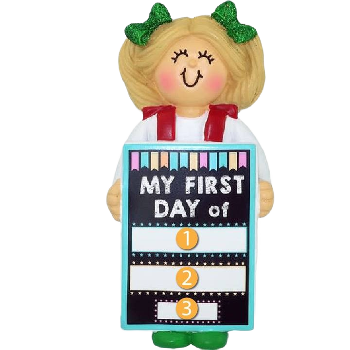 Blonde girl ornament holding customizable "My First Day" sign with green bows from Christmas Ornaments collection under $50