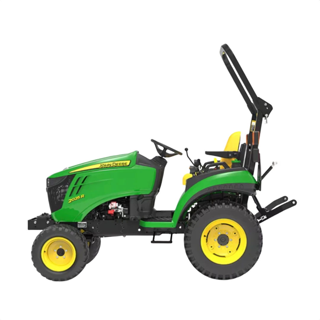 Green and yellow compact tractor with rollover protection and rugged tires for tools and home improvement tasks