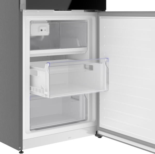 Open bottom freezer compartment with clear drawers in black free-standing fridge-freezer from Bosch appliances collection
