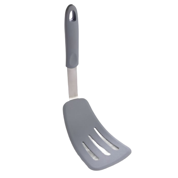 Gray slotted flexible spatula with non-stick surface and ergonomic handle, part of kitchen utensils under $50 collection