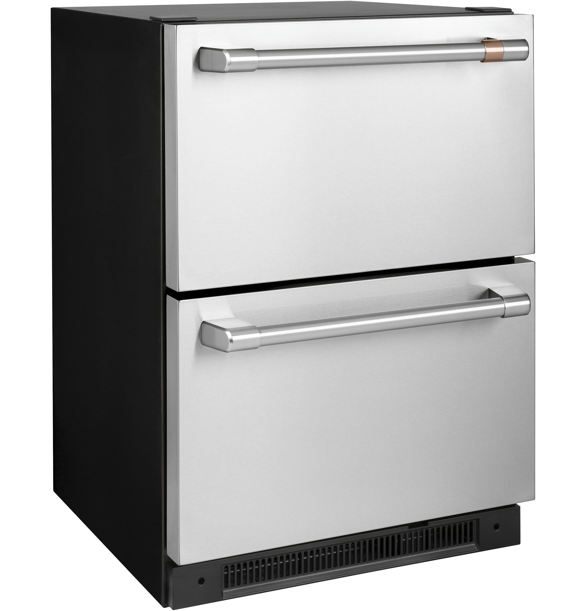 Built-in dual-drawer refrigerator in stainless steel with modern handles for appliances in kitchen and home improvement collections