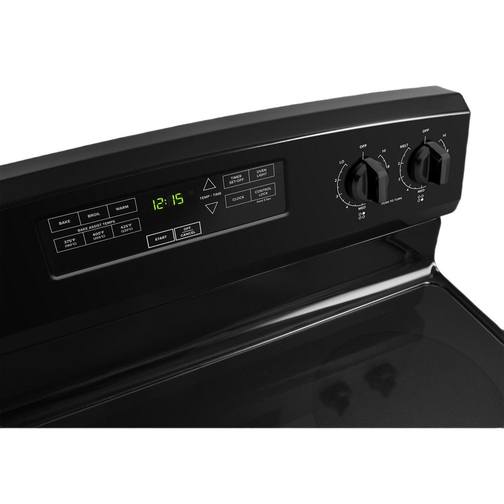 Black electric range control panel with digital display, Easy Touch Electronic Controls, and two rotary knobs in kitchen appliances collection