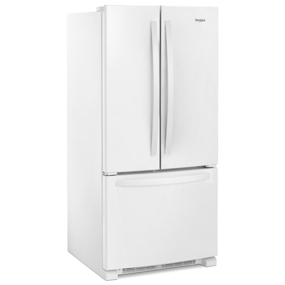 White Whirlpool French door refrigerator with bottom freezer drawer from kitchen and appliances collection