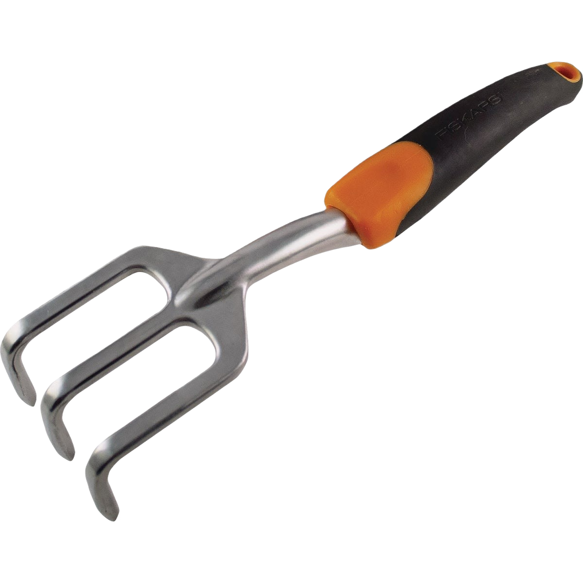 Hand cultivator with ergonomic black and orange grip and stainless steel tines for gardening and home improvement tasks