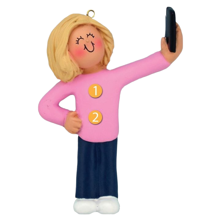 Blonde female figurine ornament in pink shirt taking selfie for Christmas Ornaments & Tree Decorations under $50