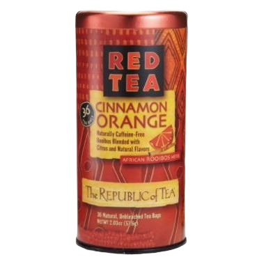 Cylindrical tin of cinnamon orange red tea with 36 natural, unbleached tea bags and vibrant packaging design
