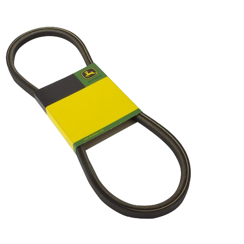 Black V-belt with textured surface and John Deere branded yellow and green packaging for tools and home improvement use