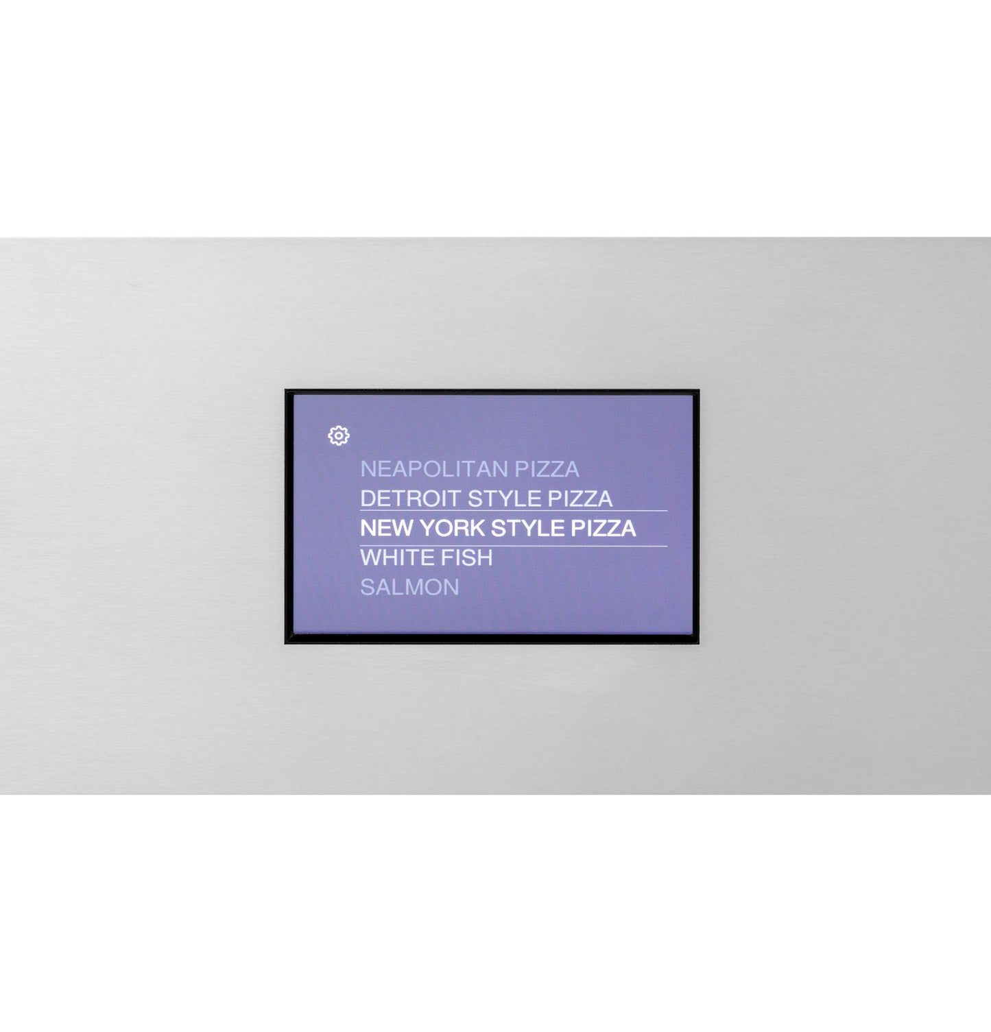 Digital touchscreen control panel displaying pizza and seafood cooking options in Single Wall Ovens and Kitchen & Kitchenware collections
