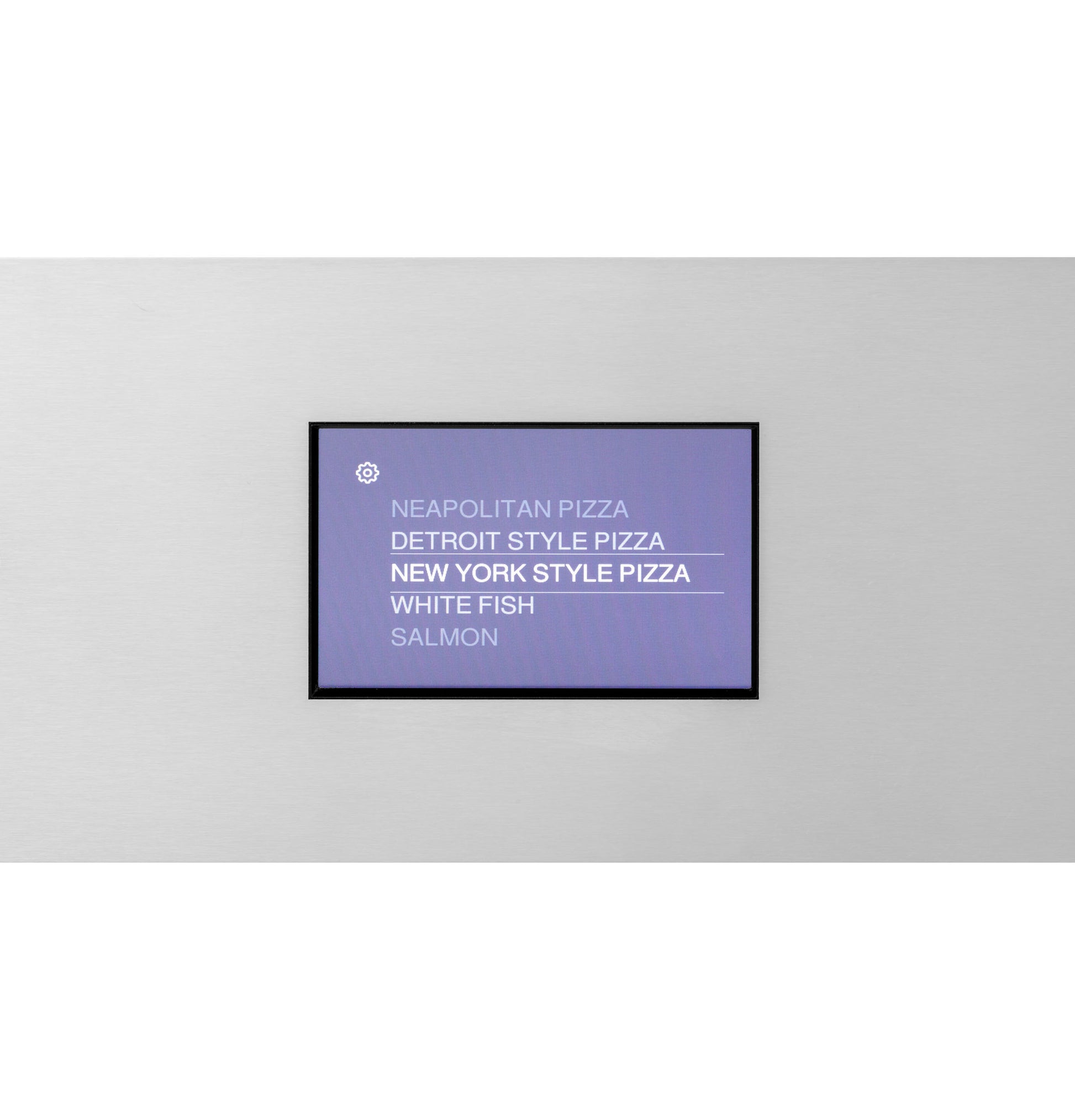 Digital touchscreen control panel displaying pizza and seafood cooking options in Single Wall Ovens and Kitchen & Kitchenware collections