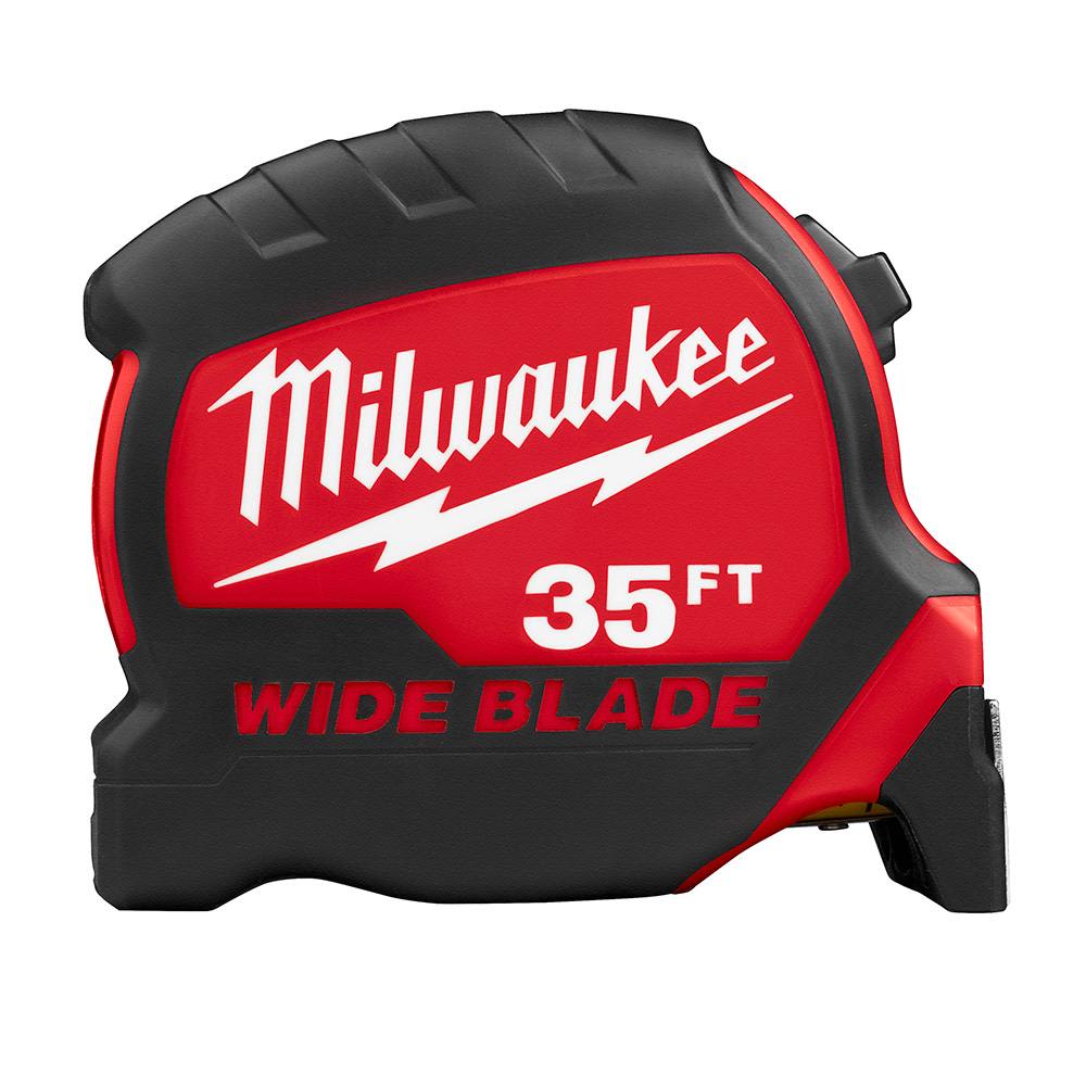 Red and black Milwaukee 35ft wide blade tape measure for woodworking and home improvement hand tools collection