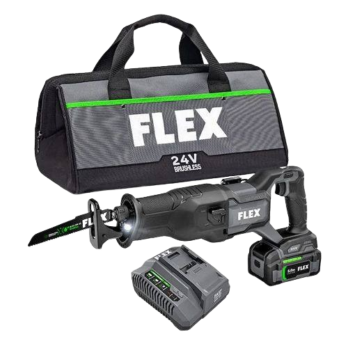 Cordless 24V brushless reciprocating saw with battery, charger, and branded carrying bag for tools and home improvement.