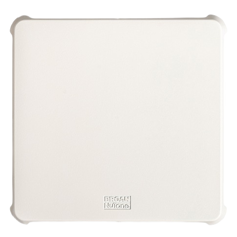 White square ventilation cover with rounded corners and subtle embossed branding for home improvement use