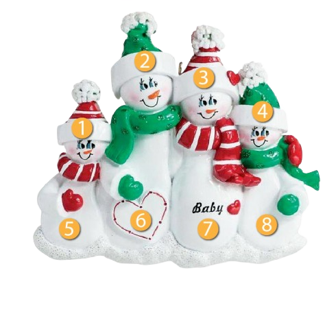 Festive snow family of four with scarves and hats celebrating a new arrival in Christmas Ornaments & Tree Decorations under $50 collection