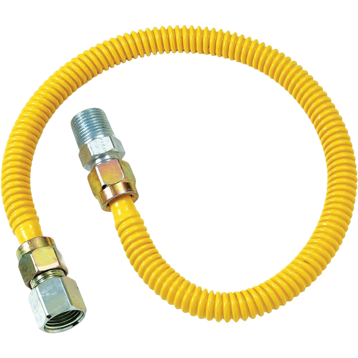 Flexible yellow coated stainless steel gas connector with threaded fittings for home improvement and tools use
