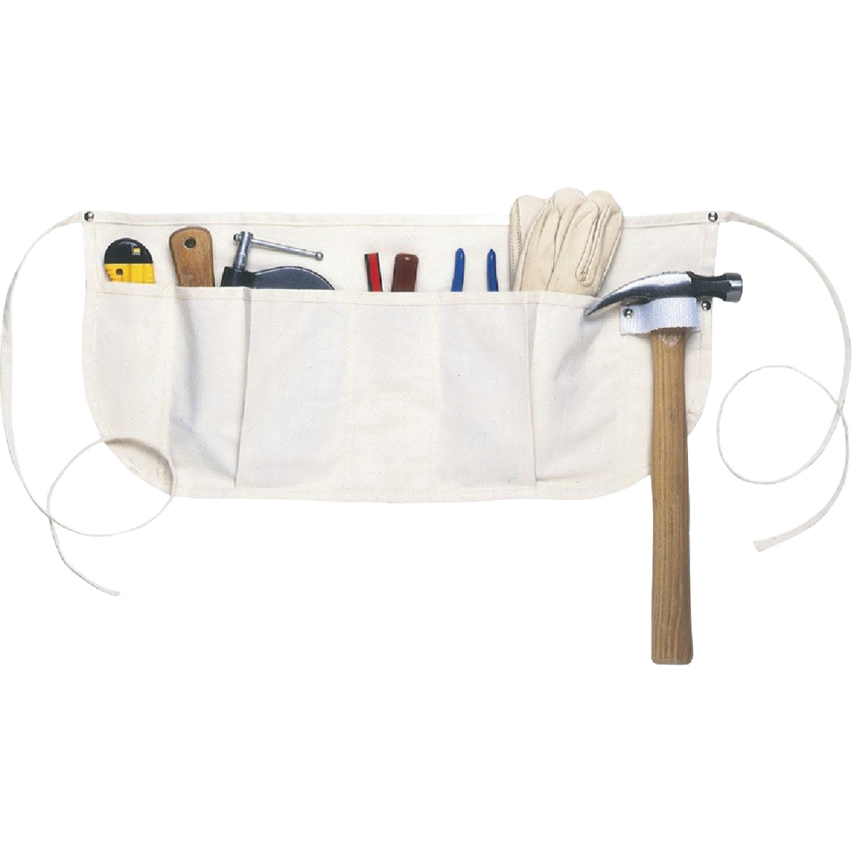 Canvas nail apron with five pockets holding woodworking tools and gloves for workshop organization and tool storage