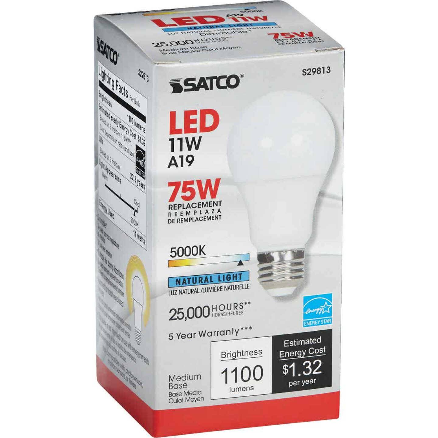 Boxed Satco 11-watt A19 LED bulb with natural 5000K light and energy-efficient features for home improvement use