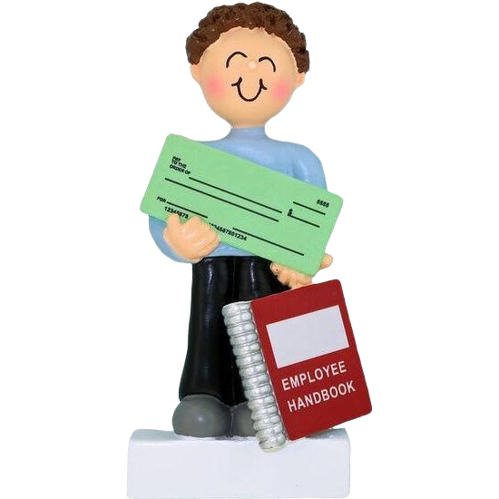Figure of a smiling brunette male holding a green paycheck and red employee handbook in Christmas ornament collection