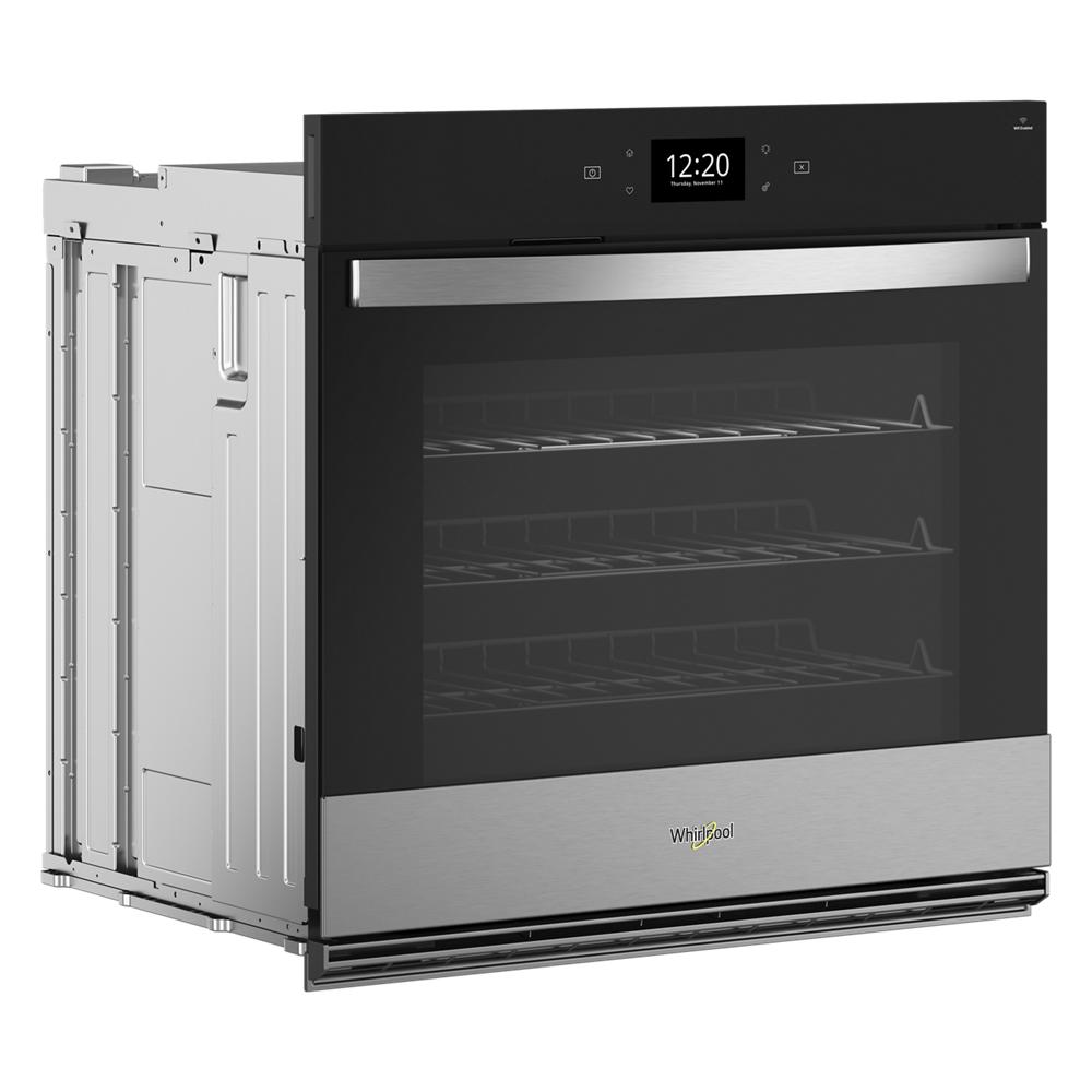 Black and stainless steel single smart wall oven with digital clock and multiple interior racks in kitchen appliances collection