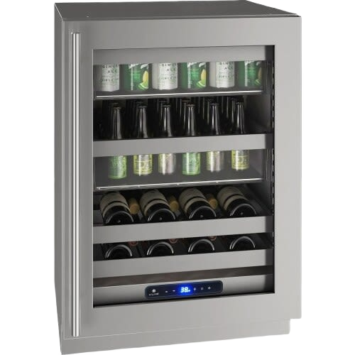 Stainless steel beverage refrigerator with glass door, adjustable shelving, and digital temperature display in kitchen appliances collection