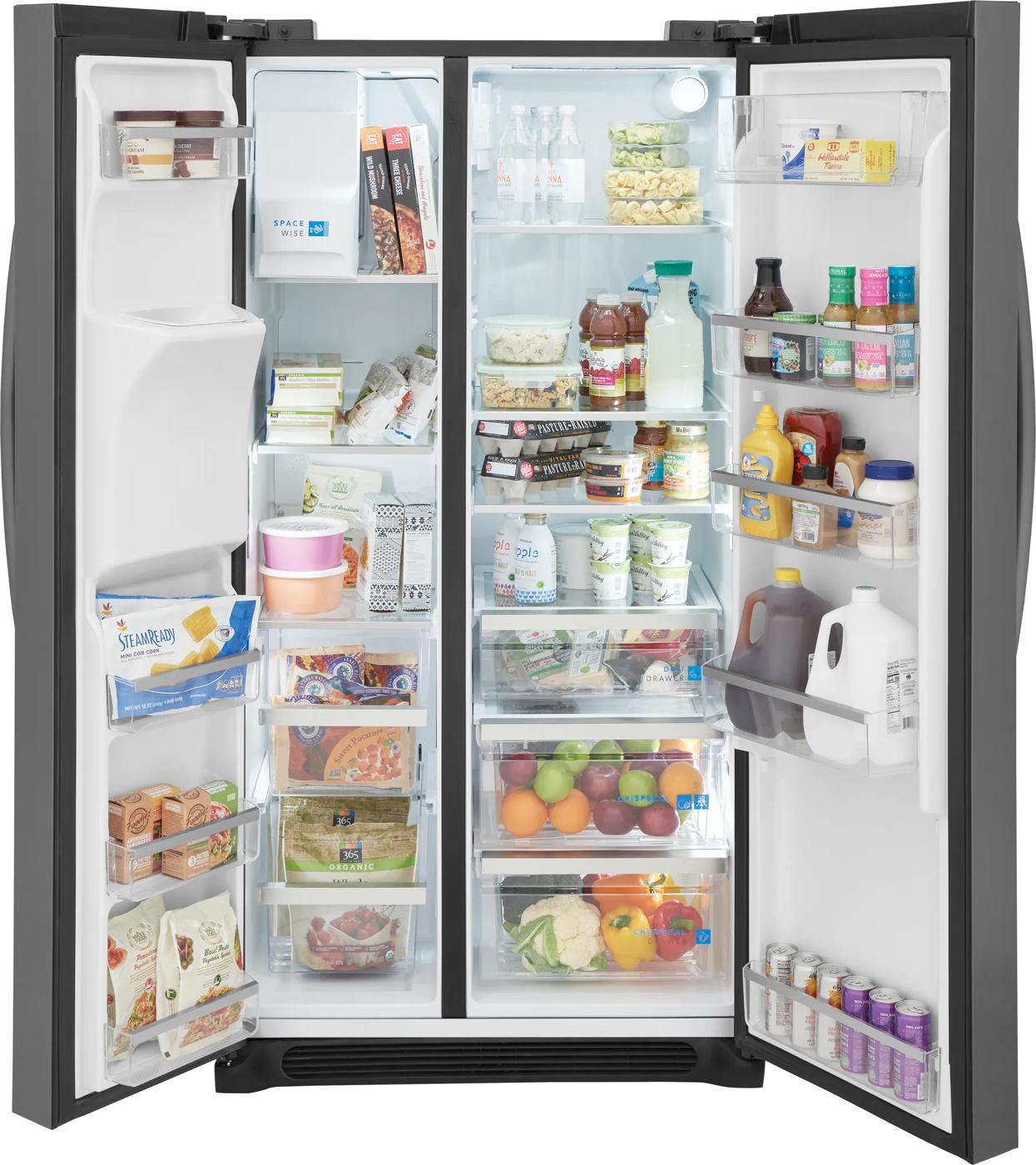 Open black counter-depth side-by-side refrigerator with organized shelves and crisp fresh produce from Appliances collection