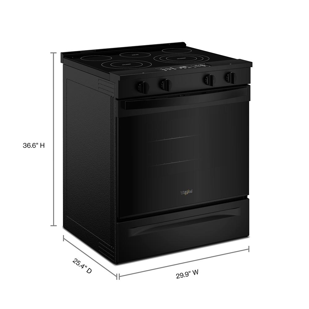Black electric range with four heating elements, control knobs, and oven door shown with product dimensions in kitchen appliances collection
