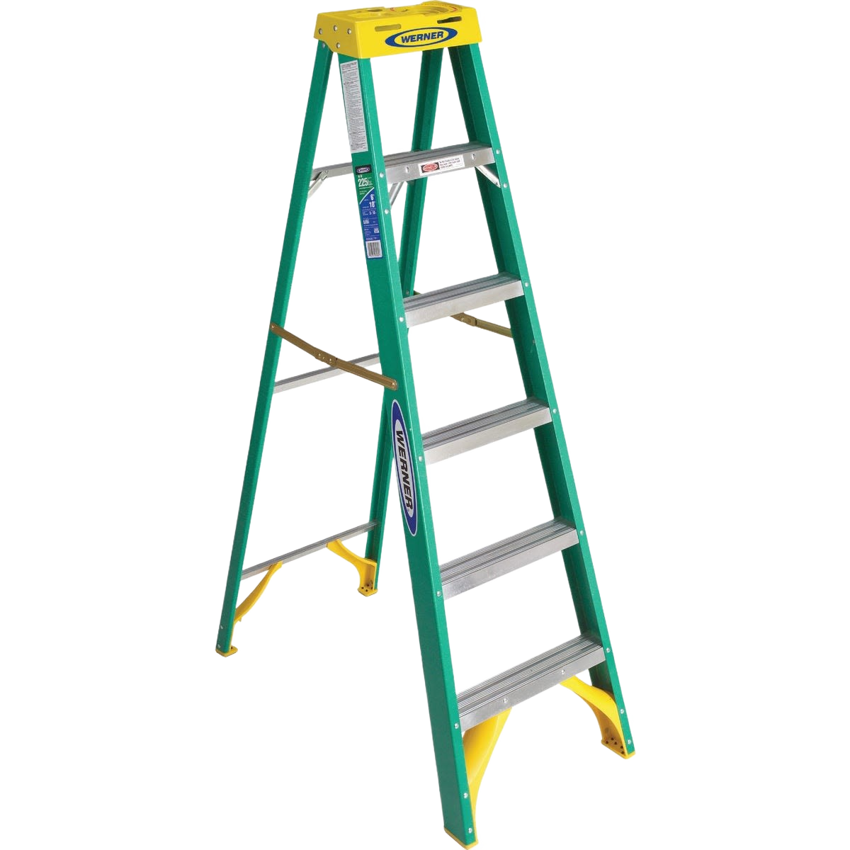 Green fiberglass step ladder with aluminum steps and yellow top platform for home improvement and tools tasks