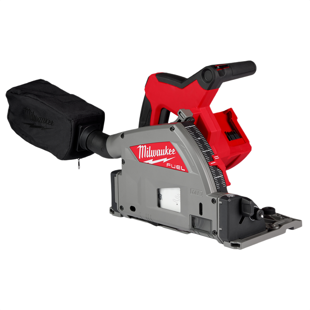 Red and gray cordless plunge track saw with dust collection bag for precision woodworking and home improvement projects