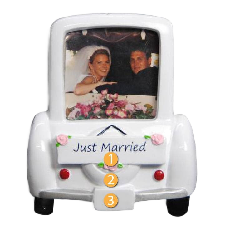 White wedding car ornament with personalized photo and "Just Married" sign, festive Christmas tree decoration under 50 dollars