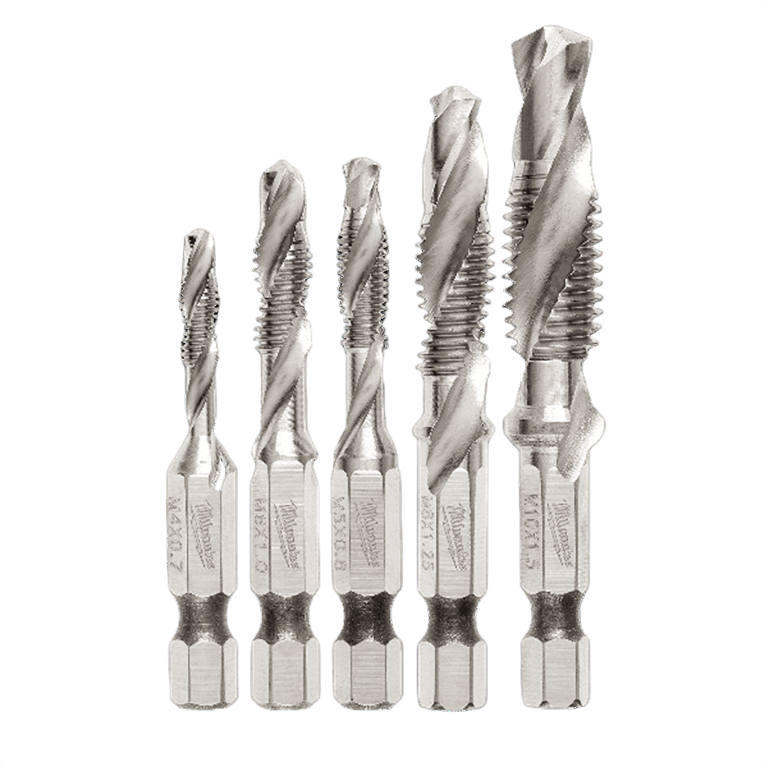 Set of five metal impact drill and tap bits with hex shanks for precision drilling in power tool accessories collection