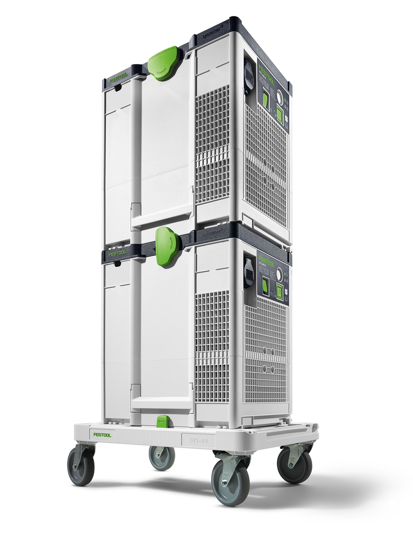 Stacked modular air filtration units with control panels mounted on a wheeled base for home improvement use